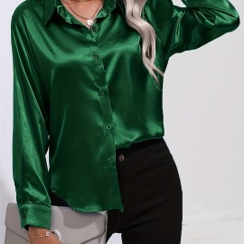 Solid Smoothly Shirt, Elegant Button Front Turn Down Collar Long Sleeve Shirt, Women's Clothing