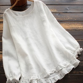 Ruffle Hem Solid Blouse, Casual Crew Neck Long Sleeve Blouse, Women's Clothing