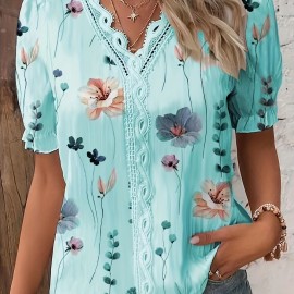 Floral Print V Neck Lace Trim Blouse, Boho Puff Sleeve Blouse For Summer, Women's Clothing