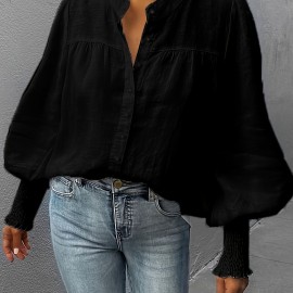 Lantern Sleeve Shirred Blouse, Casual Button Front Solid Blouse, Women's Clothing