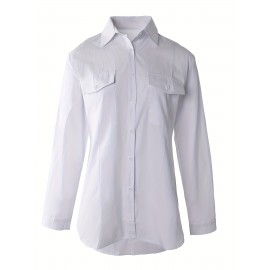 Button Front Long Sleeve Shirt, Casual Solid Office Shirt With Collar, Women's Clothing