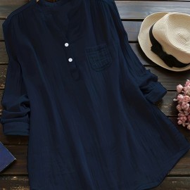 Solid Button Front Blouse, Casual V Neck Long Sleeve Blouse, Women's Clothing