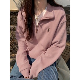 Solid Zip Front Pullover Sweatshirt, Casual Long Sleeve Sweatshirt For Fall & Winter, Women's Clothing