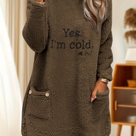 Letter Print Patched Pockets Sweatshirt, Casual Drop Shoulder Button Decor Plush Sweatshirt, Women's Clothing