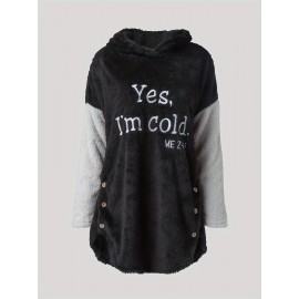 Letter Print Color Block Teddy Hoodie, Casual Long Sleeve Plush Hoodie Sweatshirt, Women's Clothing