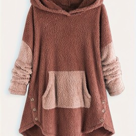 Color Block Kangaroo Pocket Hoodie, Long Sleeve Thermal Hoodies Sweatshirt, Women's Clothing