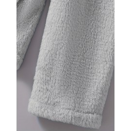 Animal Print Kangaroo Pocket Teddy Hoodie, Casual Long Sleeve Button Hoodie Sweatshirt, Women's Clothing