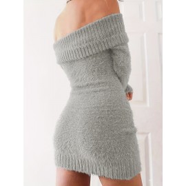 Off Shoulder Fuzzy Dress, Casual Long Sleeve Bodycon Dress, Women's Clothing