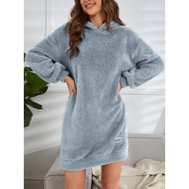Hooded Teddy Dress, Casual Long Sleeve Simple Warm Dress, Women's Clothing