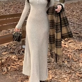 Ribbed V Neck Dress, Casual Long Sleeve Dress For Fall & Winter, Women's Clothing