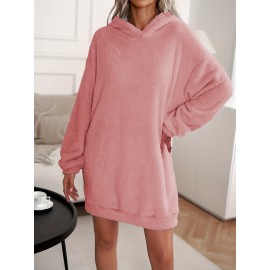 Hooded Teddy Dress, Casual Solid Long Sleeve Warm Dress, Women's Clothing