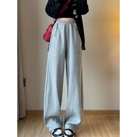 Solid Elastic High Waist Sweatpants, Casual Sporty Wide Leg Pants With Pocket, Women's Clothing