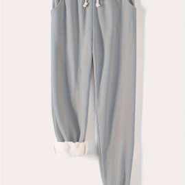 Solid Drawstring Thermal Sweatpants, Versatile Loose Comfy Jogger Pants, Women's Clothing