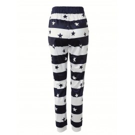 Striped & Star Print Drawstring Pants, Casual Pants For Spring & Summer, Women's Clothing