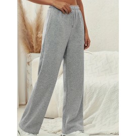 Solid Drawstring Wide Leg Pants, Casual Dual Pockets Pants, Women's Clothing