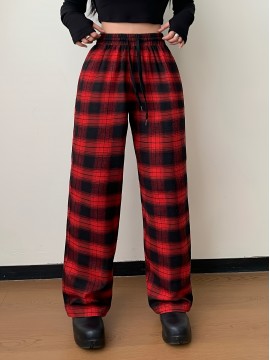 Plaid Print Straight Leg Pants, Casual Drawstring Waist Comfy Pants, Women's Clothing