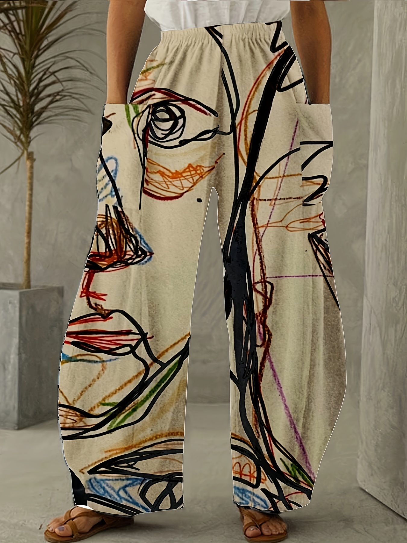 womens pants casual mid waist print straight wide fashion loose pants details 0